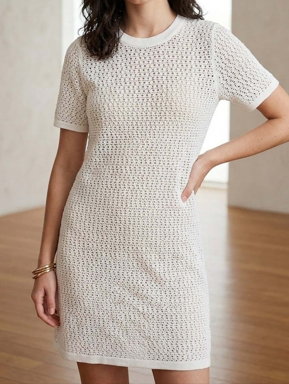 BANANA REPUBLIC BR Cream Crochet Knit ShirtDress Dress Fully Lined Sz Size M